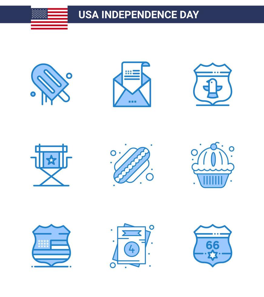 Pack of 9 USA Independence Day Celebration Blues Signs and 4th July Symbols such as television movies mail director security Editable USA Day Vector Design Elements