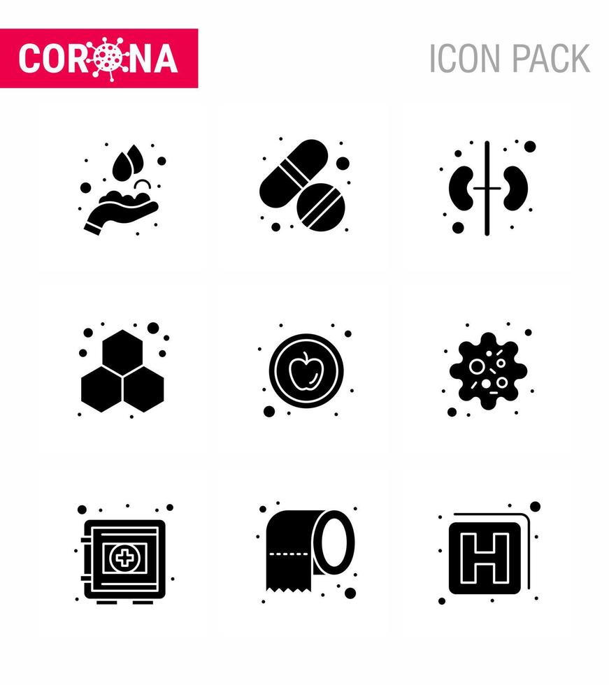 CORONAVIRUS 9 Solid Glyph Black Icon set on the theme of Corona epidemic contains icons such as healthy apple human science experiment viral coronavirus 2019nov disease Vector Design Elements