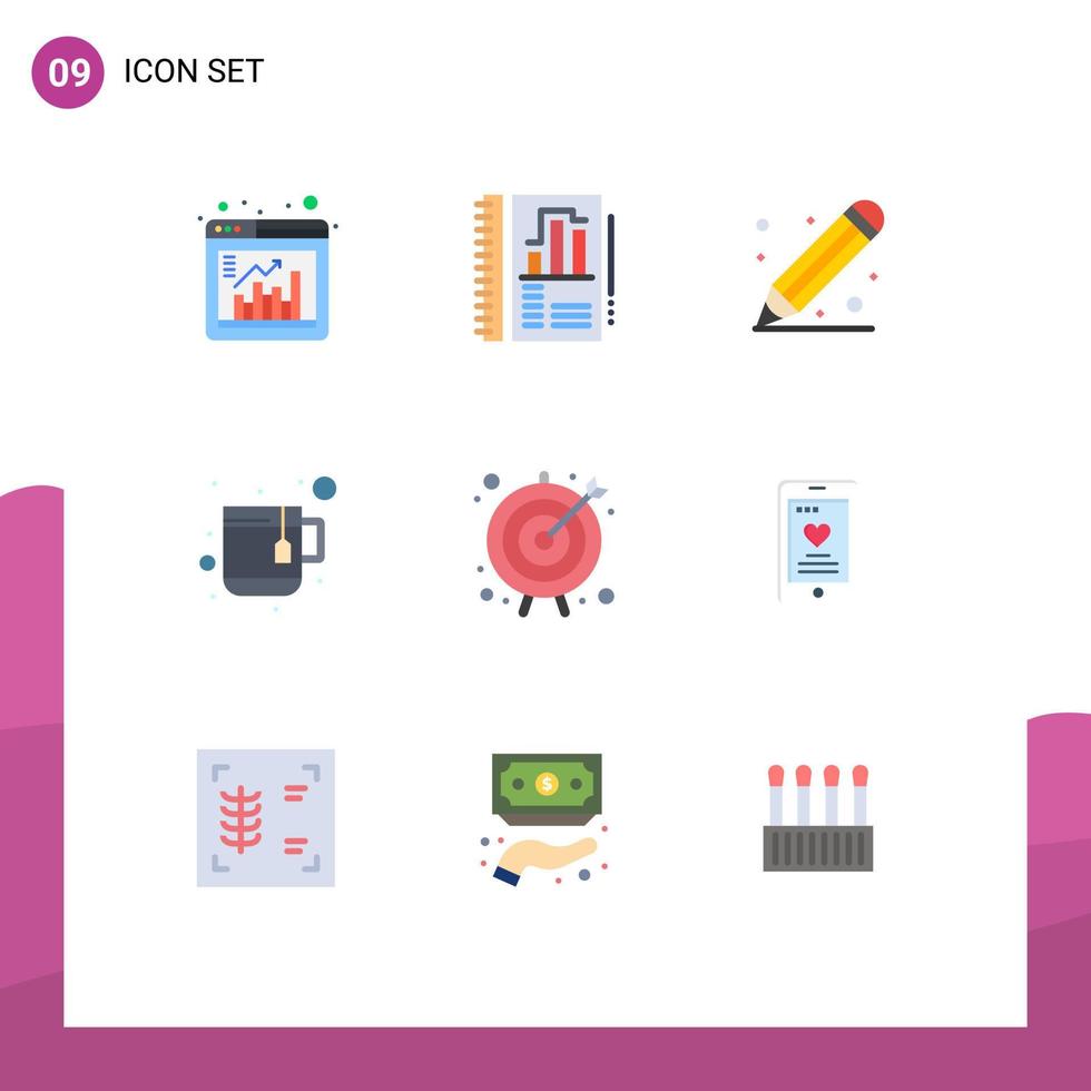 Universal Icon Symbols Group of 9 Modern Flat Colors of target arrow education tea cup Editable Vector Design Elements
