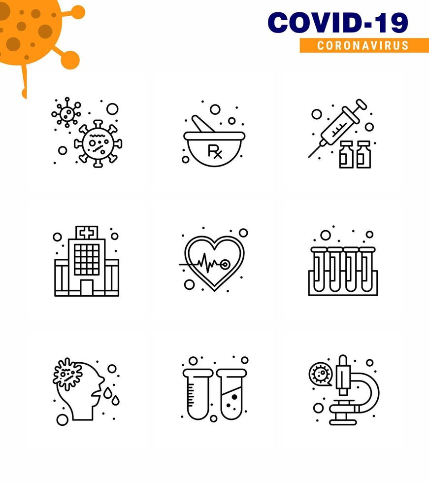 9 Line Coronavirus Covid19 Icon pack such as heart healthcare flu medical building viral coronavirus 2019nov disease Vector Design Elements