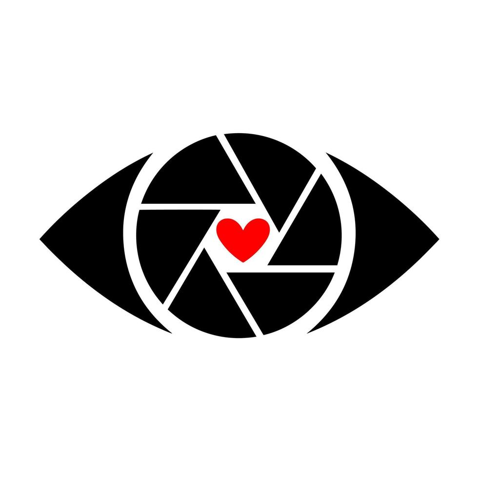 un ojo con una pupila en forma de corazón. el ojo es una lente fotográfica con un obturador. vector