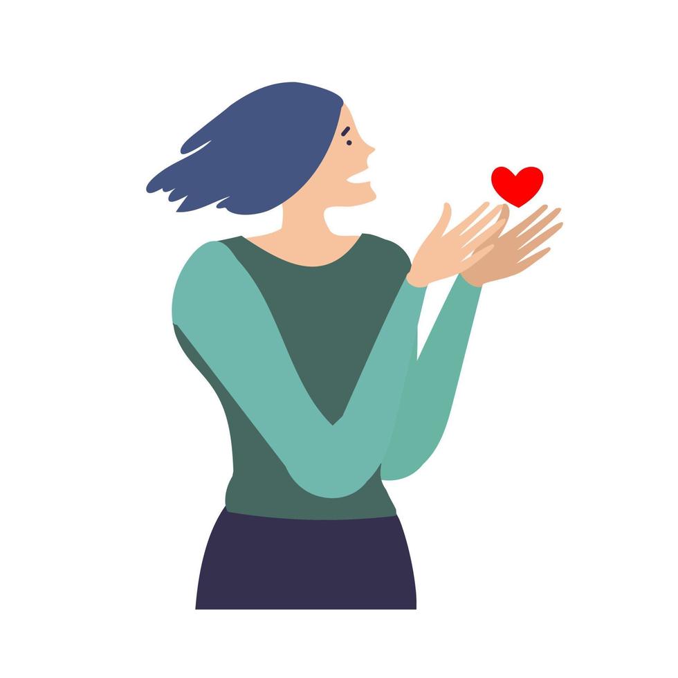 Girl holds a heart in her hands concept of self love, Valentines day, a gift to a loved one. vector