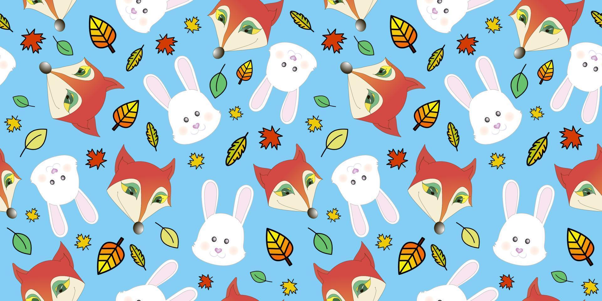 patrón de dibujos animados con lindos zorros y conejos, personajes de cola de hadas con hojas que caen. estampado textil de diseño para moda infantil. impresión para textil, envoltura, postal. vector