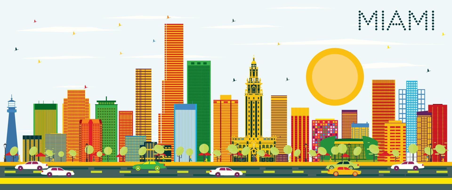 Miami Skyline with Color Buildings and Blue Sky. vector
