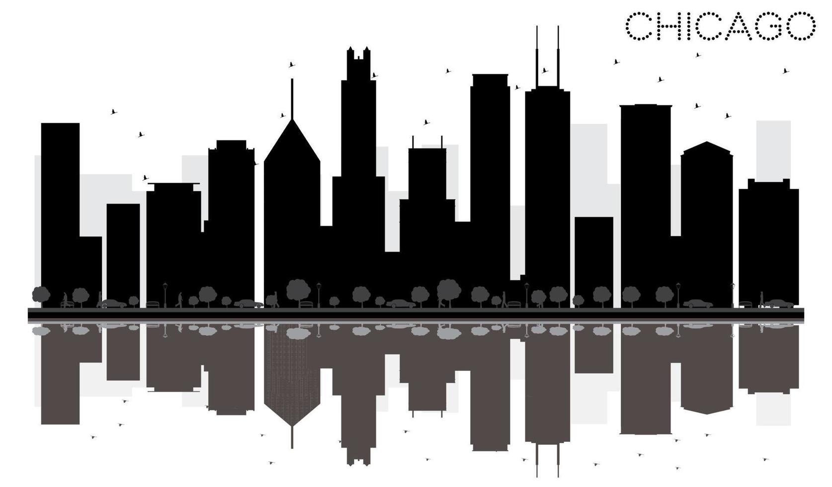 silueta en blanco y negro del horizonte de la ciudad de chicago con reflejos. vector