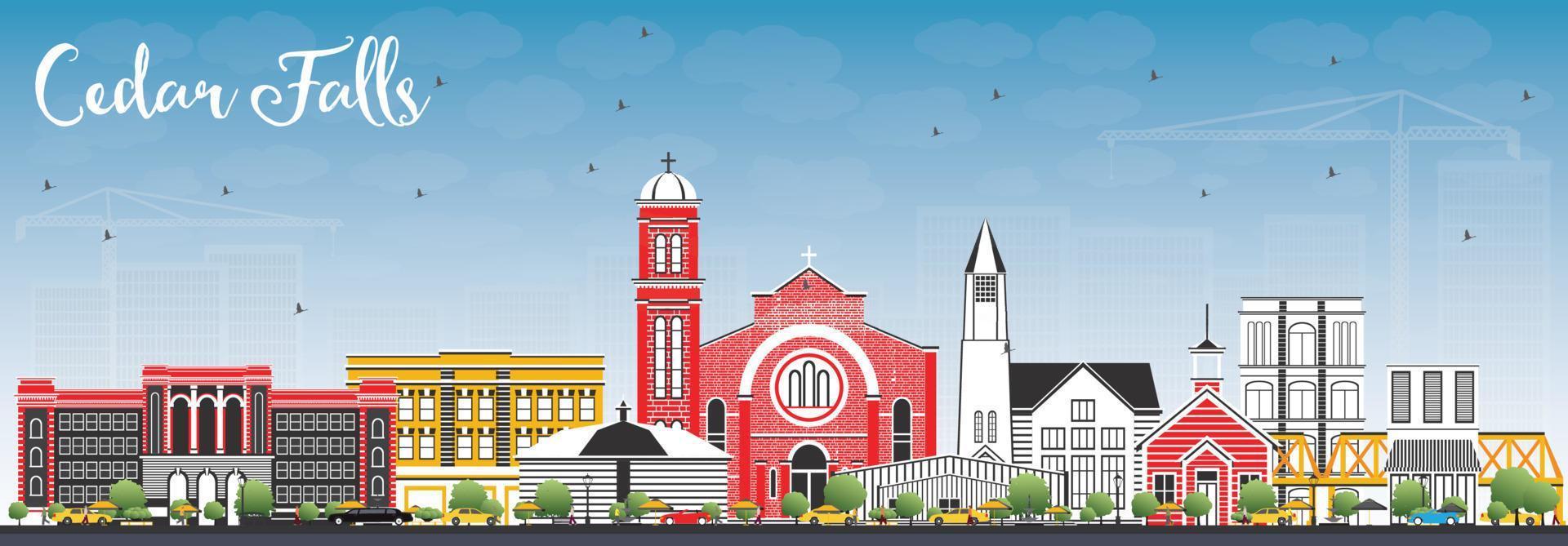 Cedar Falls Iowa Skyline with Color Buildings and Blue Sky. vector