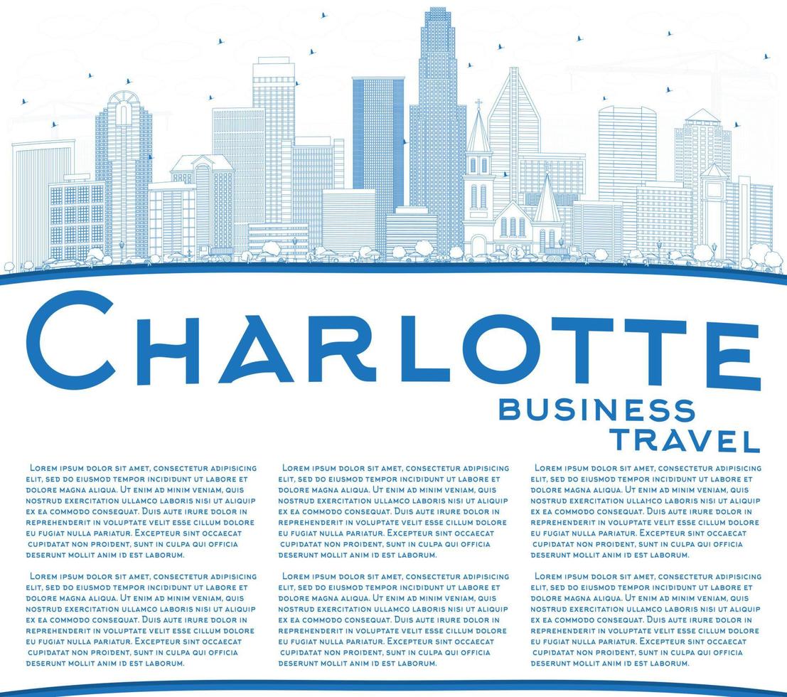 Outline Charlotte Skyline with Blue Buildings and Copy Space. vector