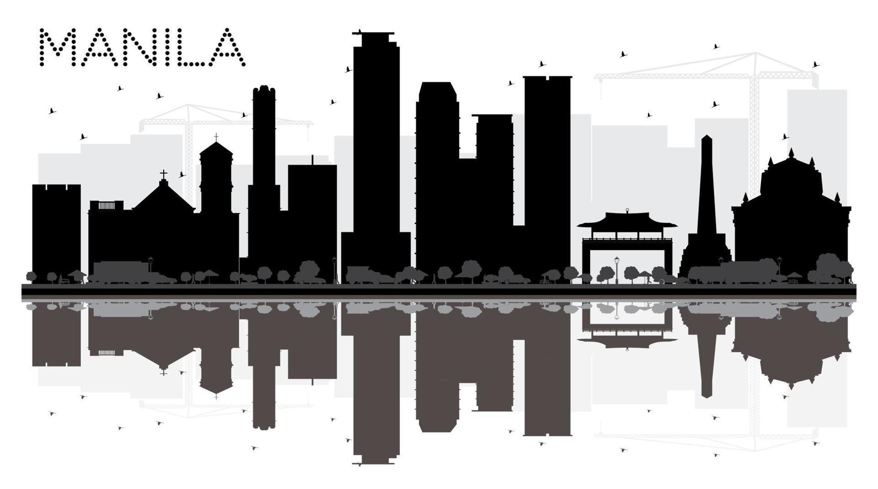 Silueta en blanco y negro del horizonte de la ciudad de manila con reflejos. vector