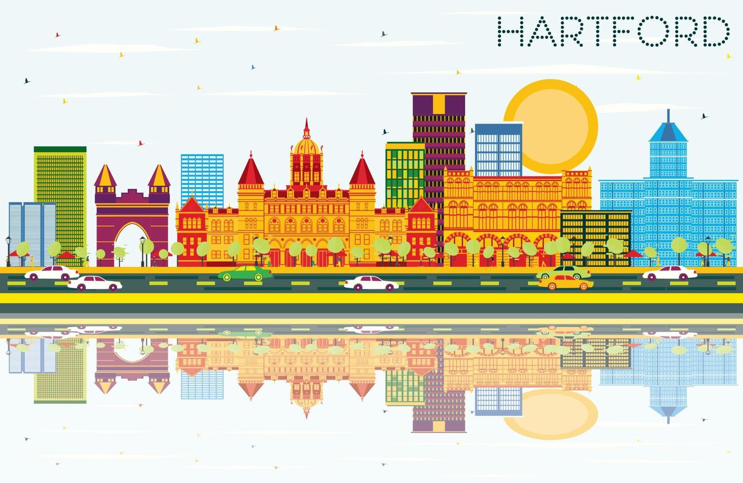 Hartford Skyline with Color Buildings, Blue Sky and Reflections. vector