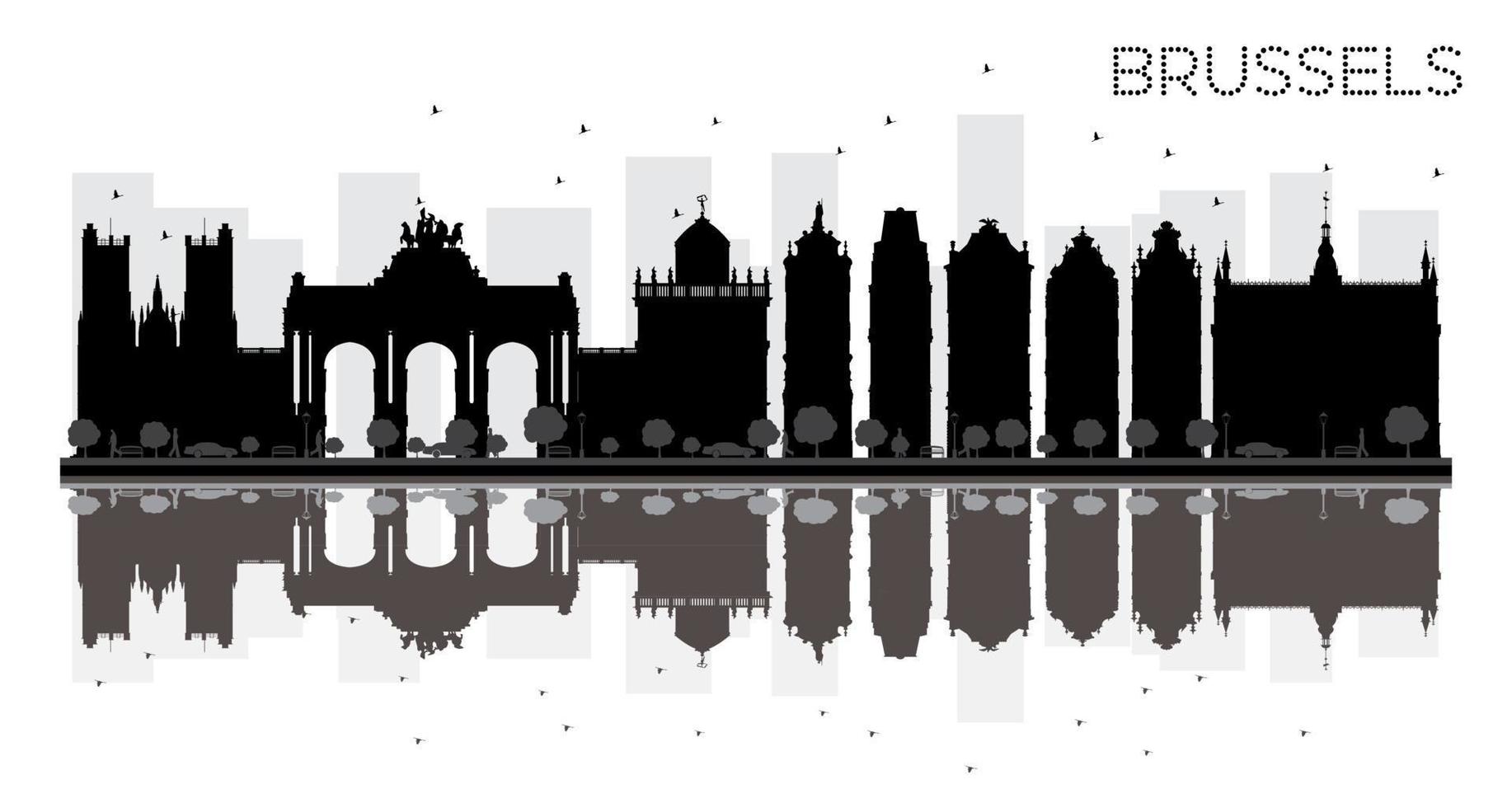 Brussels City skyline black and white silhouette with reflections. vector