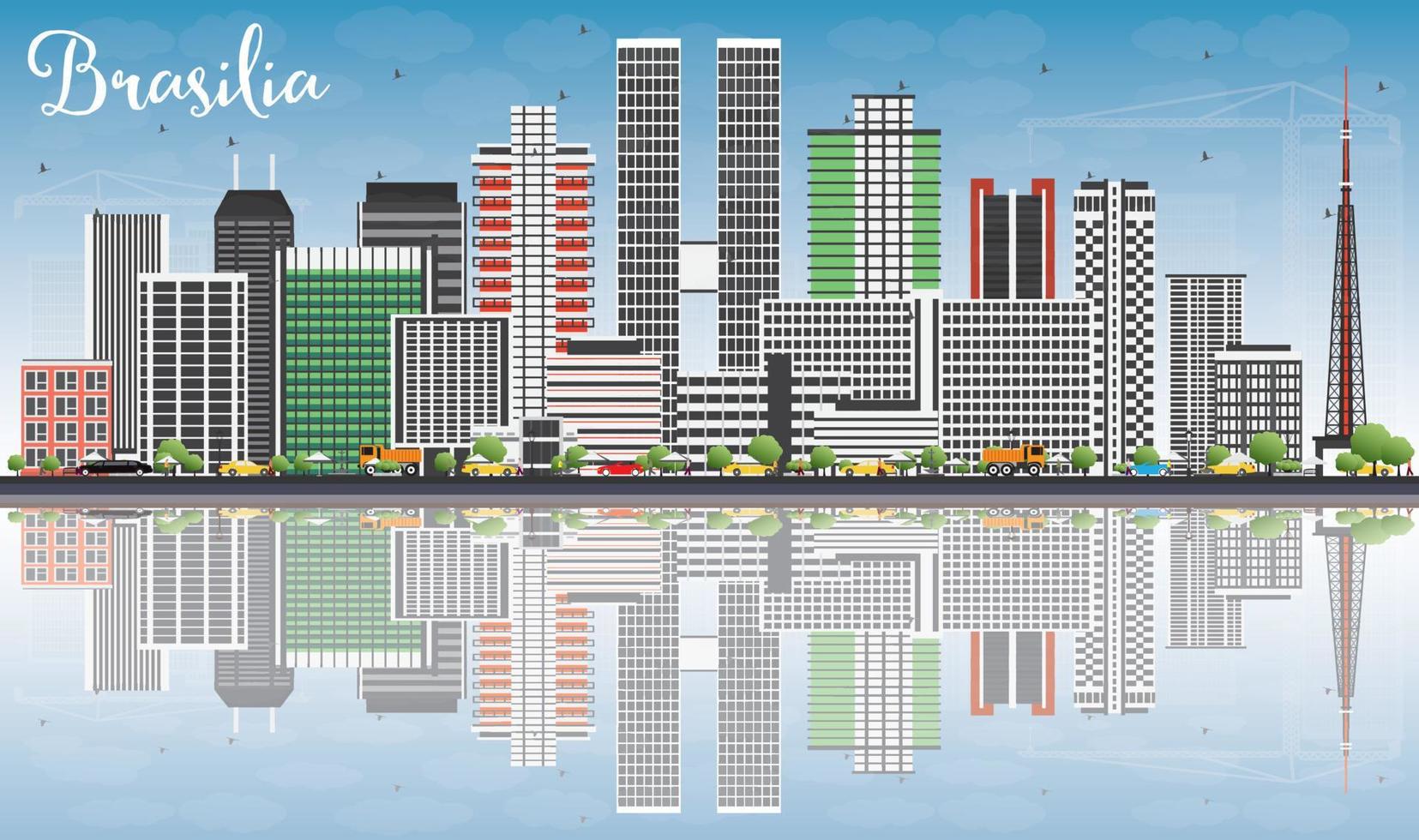Brasilia Skyline with Gray Buildings, Blue Sky and Reflections. vector