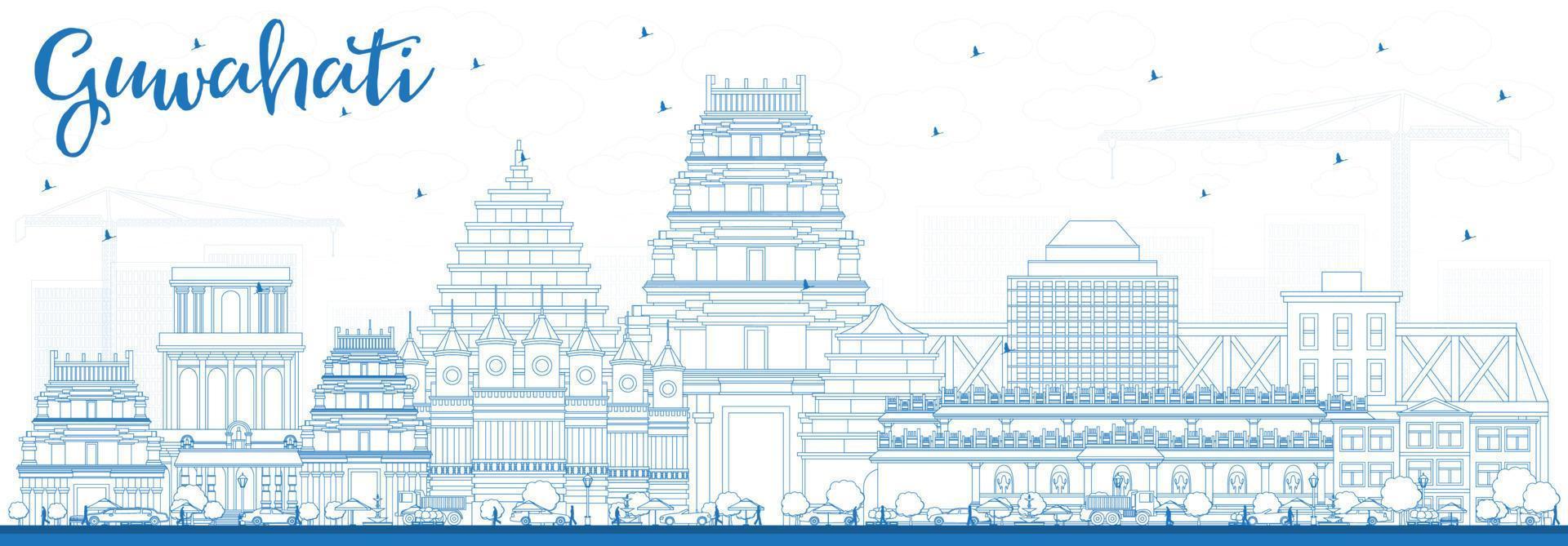 Outline Guwahati India City Skyline with Blue Buildings. vector