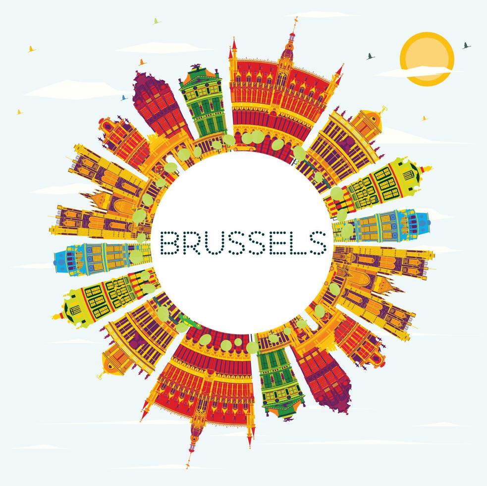 Brussels Skyline with Color Buildings, Blue Sky and Copy Space. vector