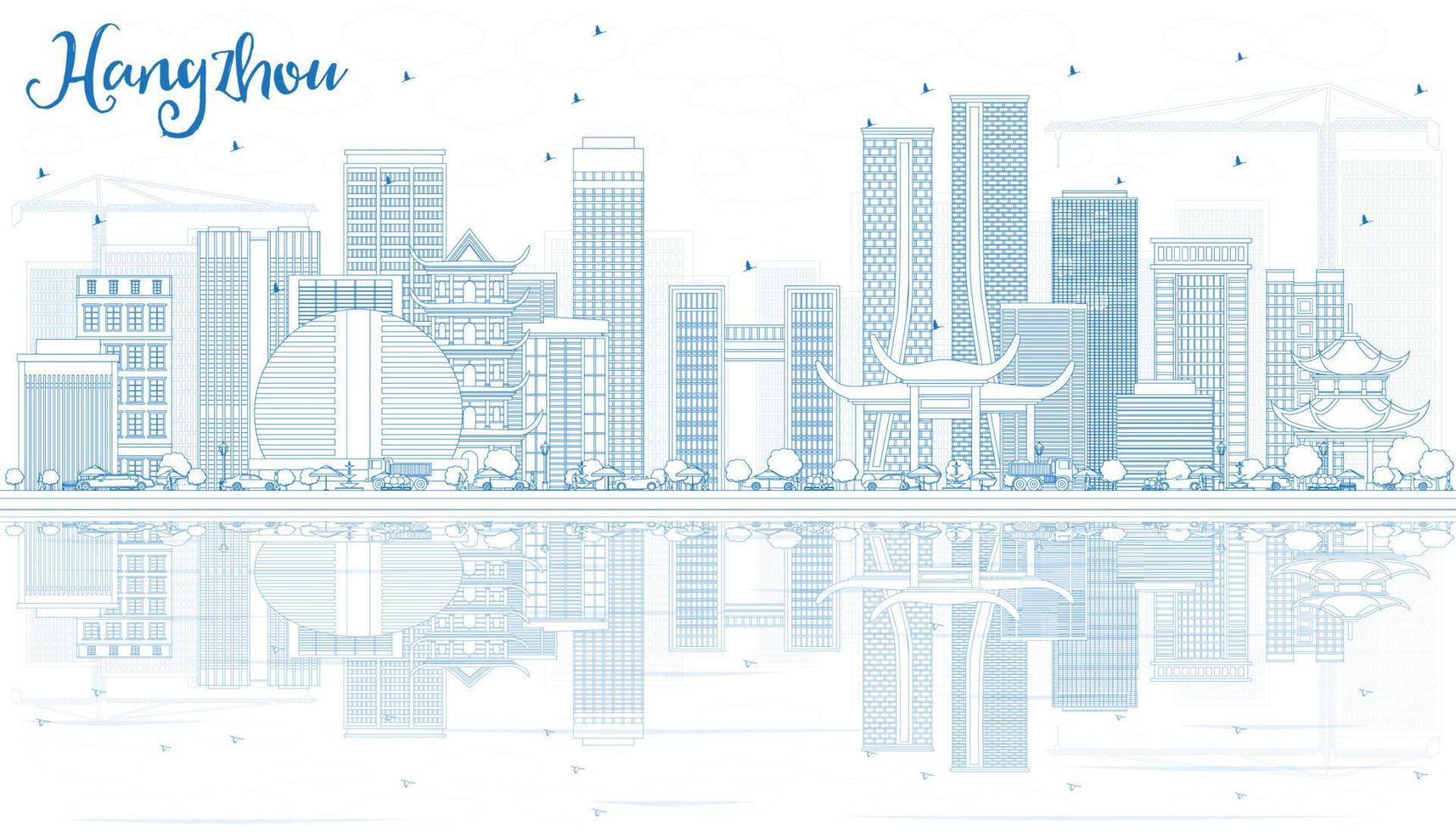 Outline Hangzhou Skyline with Blue Buildings and Reflections. vector
