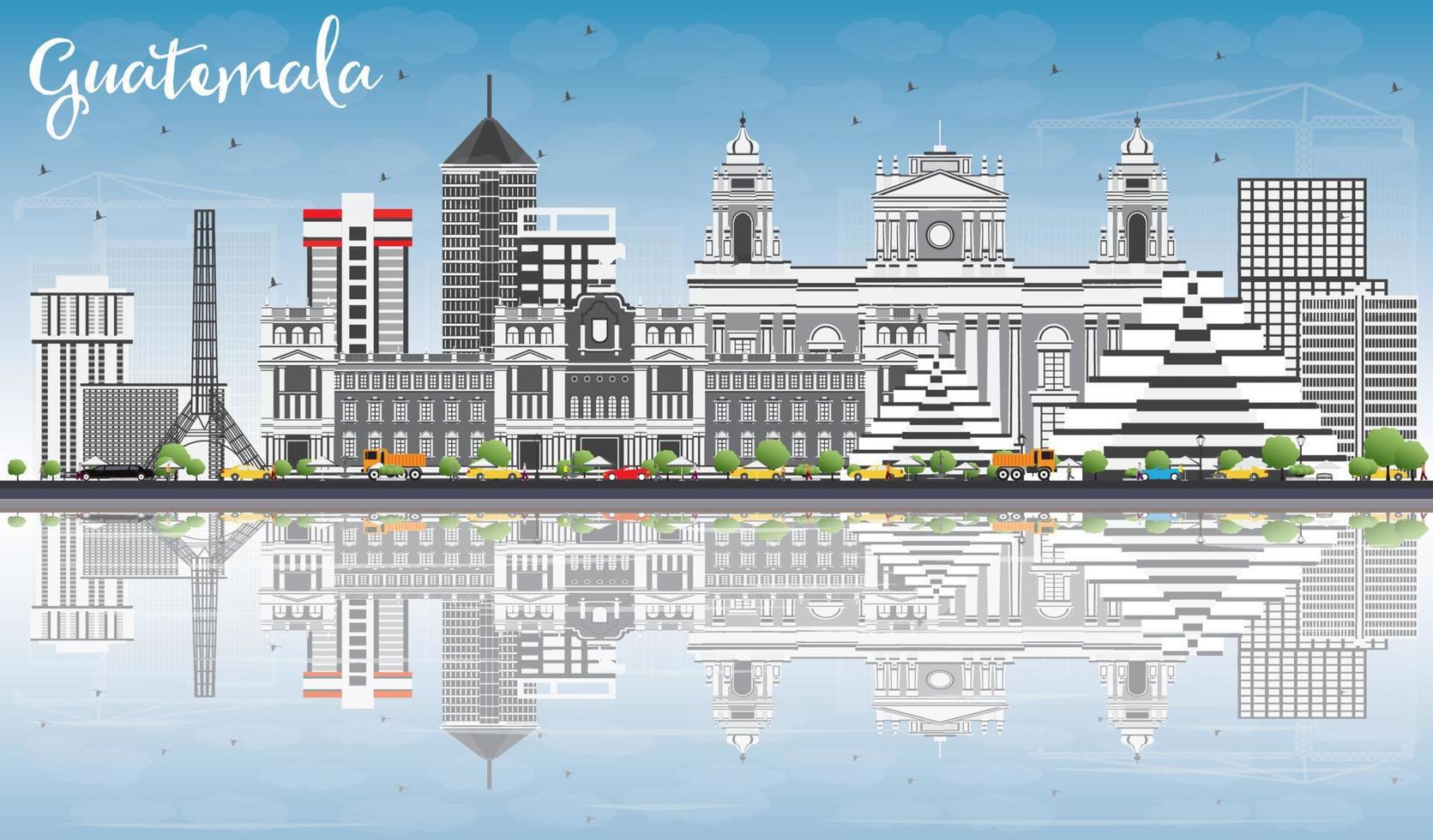 Guatemala Skyline with Gray Buildings, Blue Sky and Reflections. vector