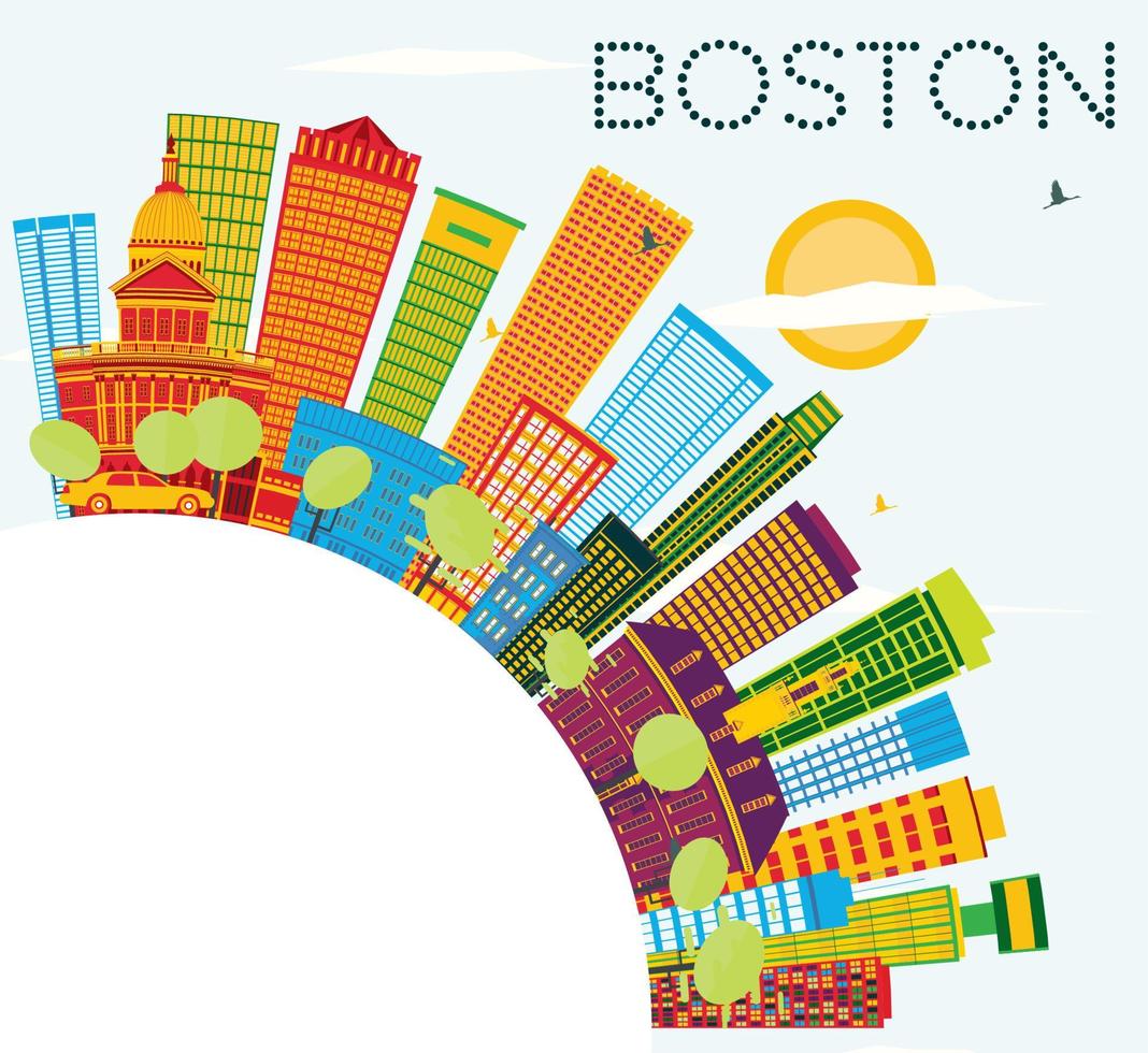 Boston Skyline with Color Buildings, Blue Sky and Copy Space. vector