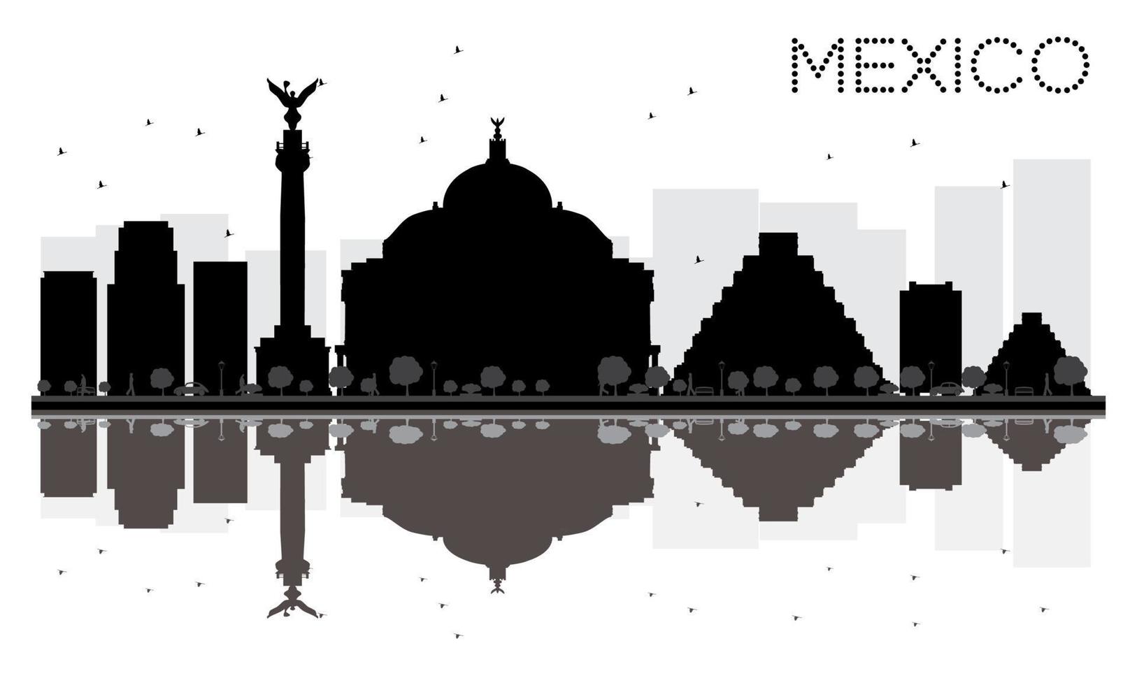 Mexico City skyline black and white silhouette with reflections. vector