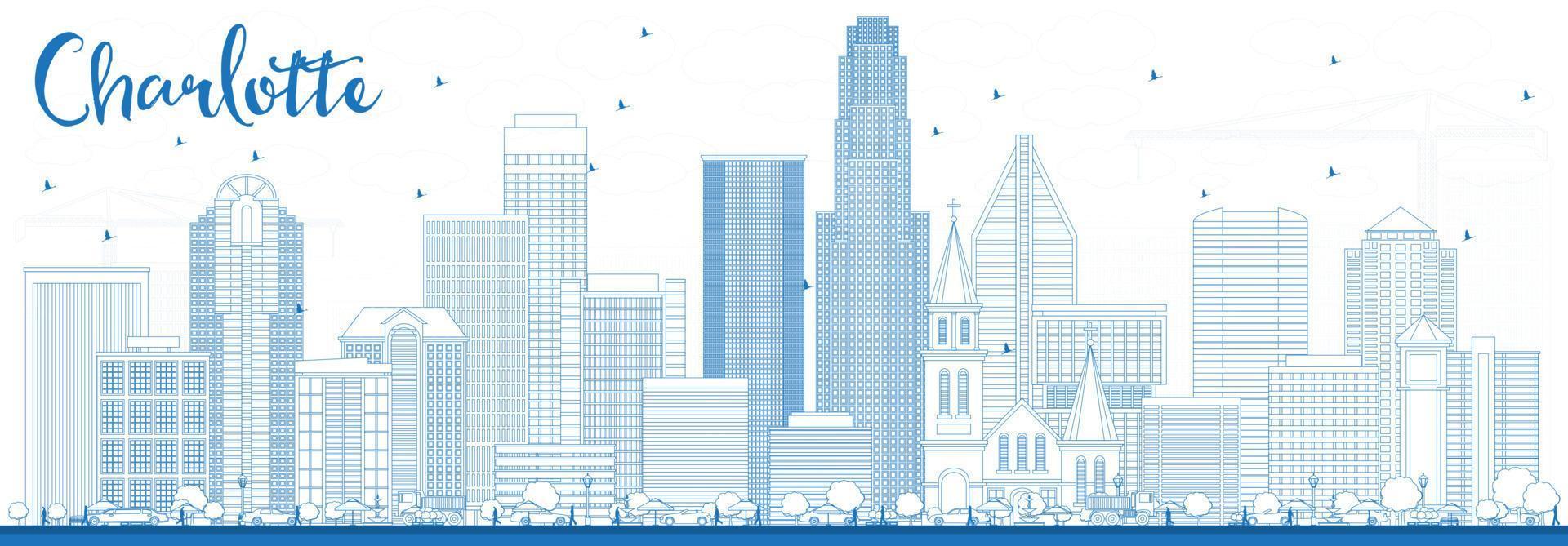 Outline Charlotte Skyline with Blue Buildings. vector