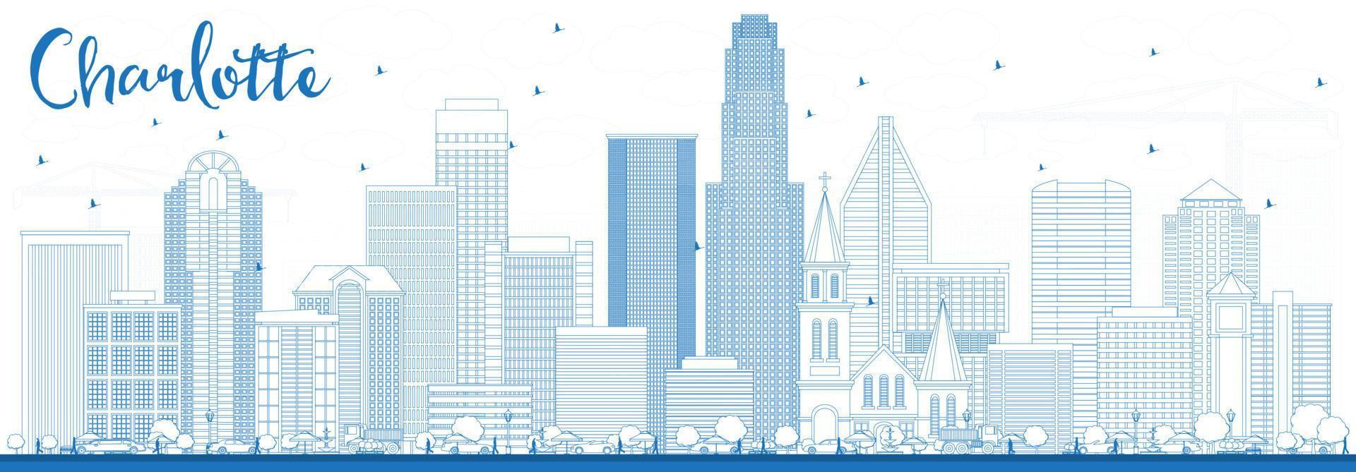 esboza el horizonte de charlotte con edificios azules. vector