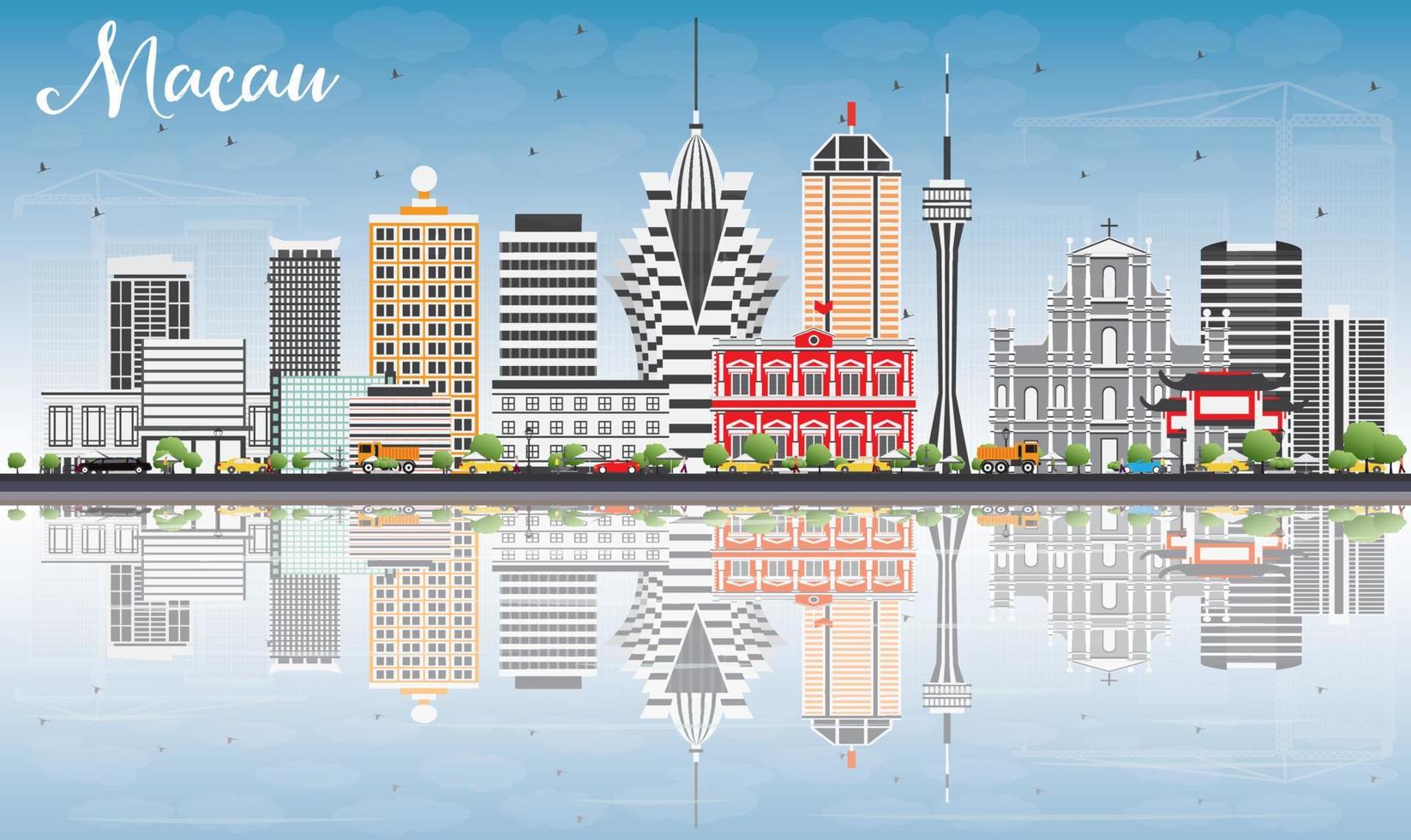 Macau Skyline with Gray Buildings, Blue Sky and Reflections. vector
