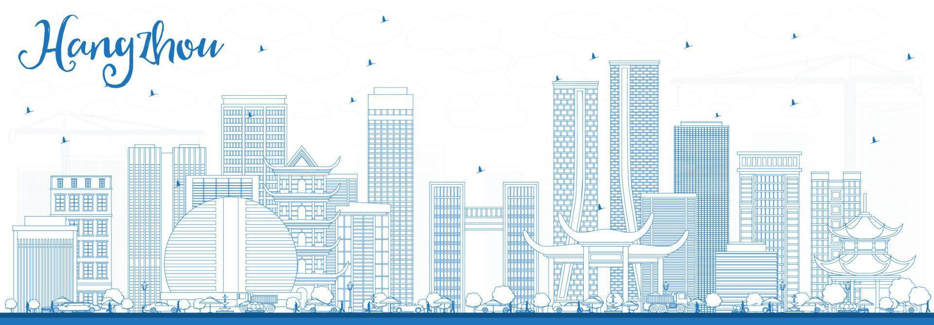 Outline Hangzhou Skyline with Blue Buildings. vector