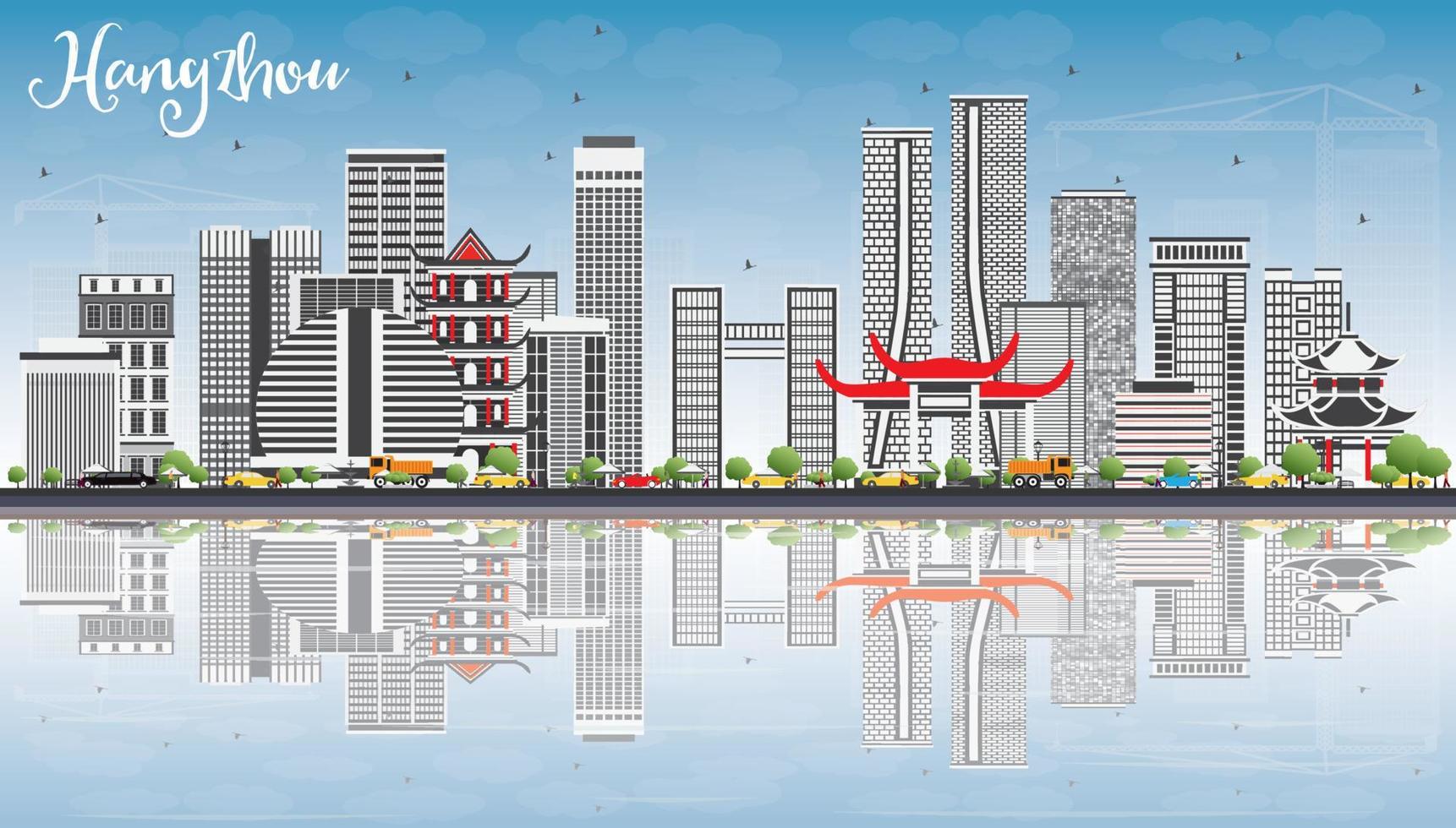 Hangzhou Skyline with Gray Buildings, Blue Sky and Reflections. vector