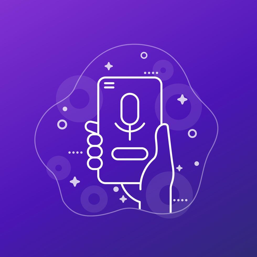 voice control and audio recognition icon with a phone in hand, line vector