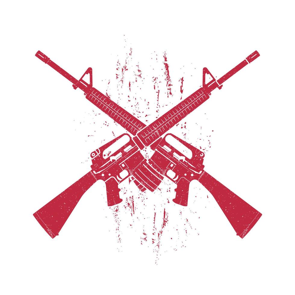 crossed assault rifles, two 5.56 mm automatic guns, red on white, vector illustration