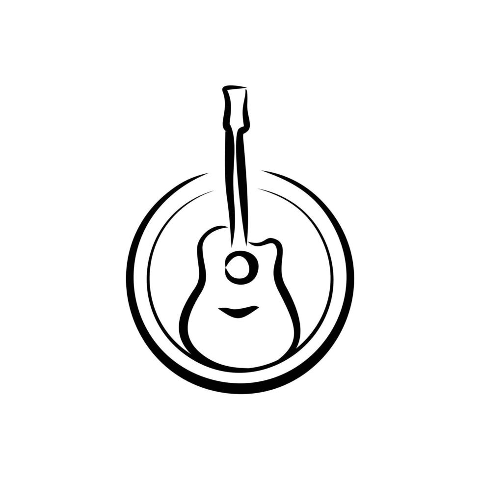 guitarra acústica con personal de línea forma de círculo logotipo icono trazo de contorno conjunto ilustración de diseño de línea de guión vector