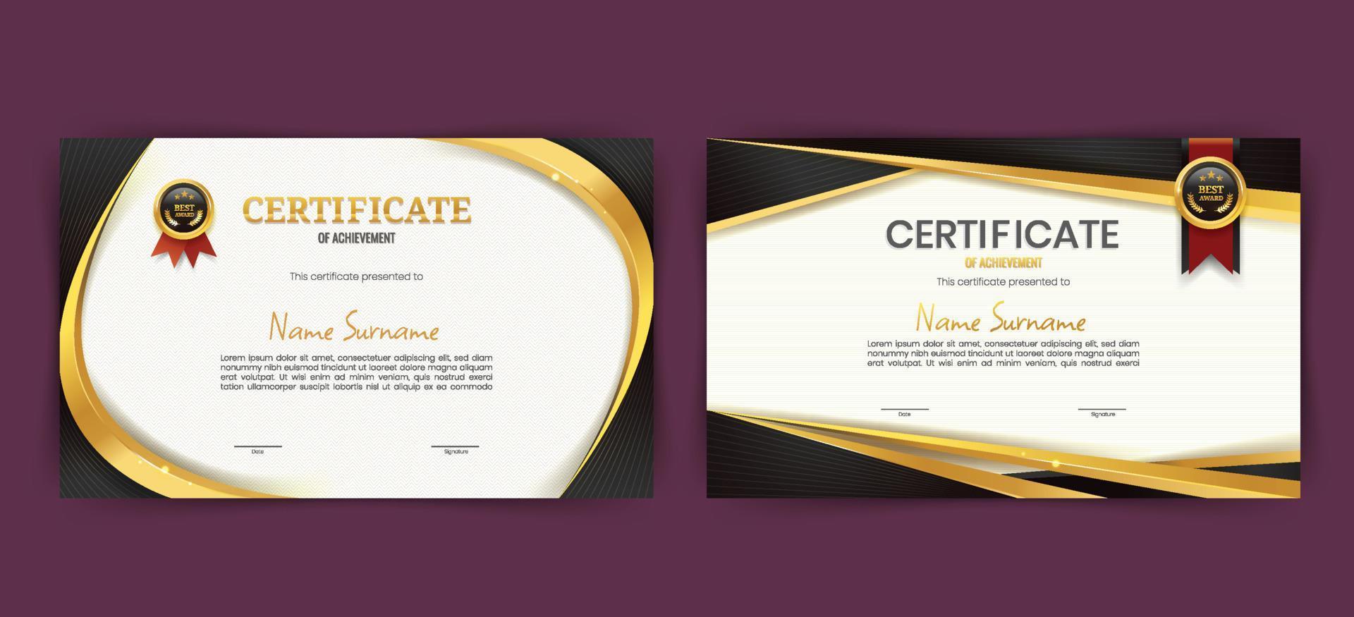 Two Set of Certificate of Achievement with Gold Badge Design vector