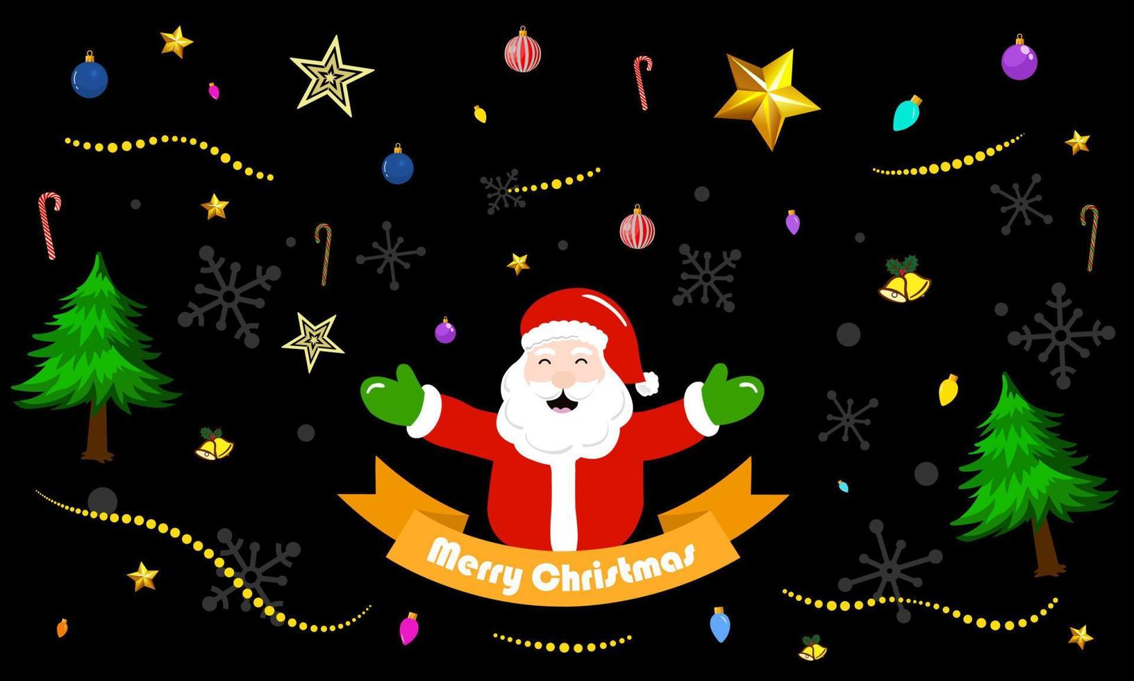 patrón de navidad santa claus buen humor extiende los brazos de bienvenida sobre la cinta con un mensaje de feliz navidad elementos festivos como árbol de navidad, copo de nieve, luz de navidad, bastón de caramelo, estrellas, adornos. vector