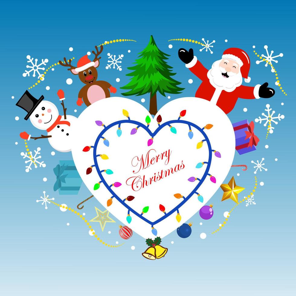 feliz navidad saludos de temporada y elementos festivos como árbol de navidad, santa claus, reno de navidad, muñeco de nieve, caja de regalo, bastón de caramelo, estrellas, adornos, campanas de navidad. vector