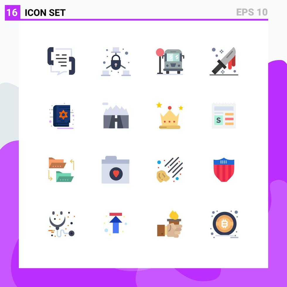paquete de 16 signos y símbolos de colores planos modernos para medios de impresión web, como cuchillo de halloween, cubiertos de seguridad, sangre, paquete editable de elementos de diseño de vectores creativos
