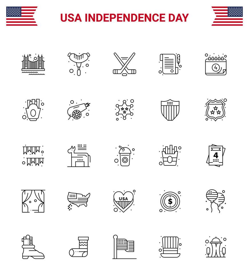 Big Pack of 25 USA Happy Independence Day USA Vector Lines and Editable Symbols of calendar day sausage receipt american Editable USA Day Vector Design Elements