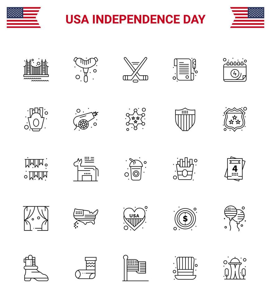 paquete grande de 25 estados unidos feliz día de la independencia líneas vectoriales de estados unidos y símbolos editables del recibo de salchicha del día del calendario elementos de diseño vectorial del día de estados unidos editables estadounidenses vector