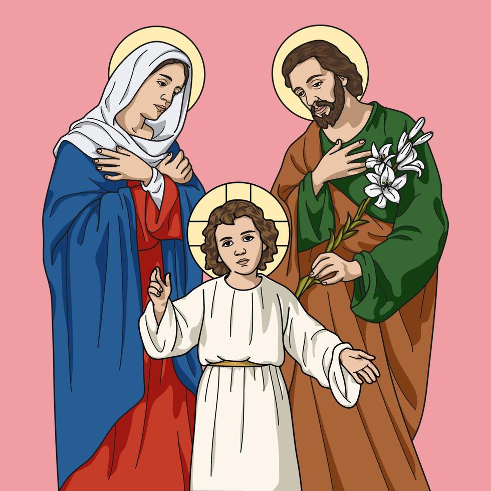 Holy Family of Nazareth, Jesus, Mary and Joseph Colored Vector Illustration