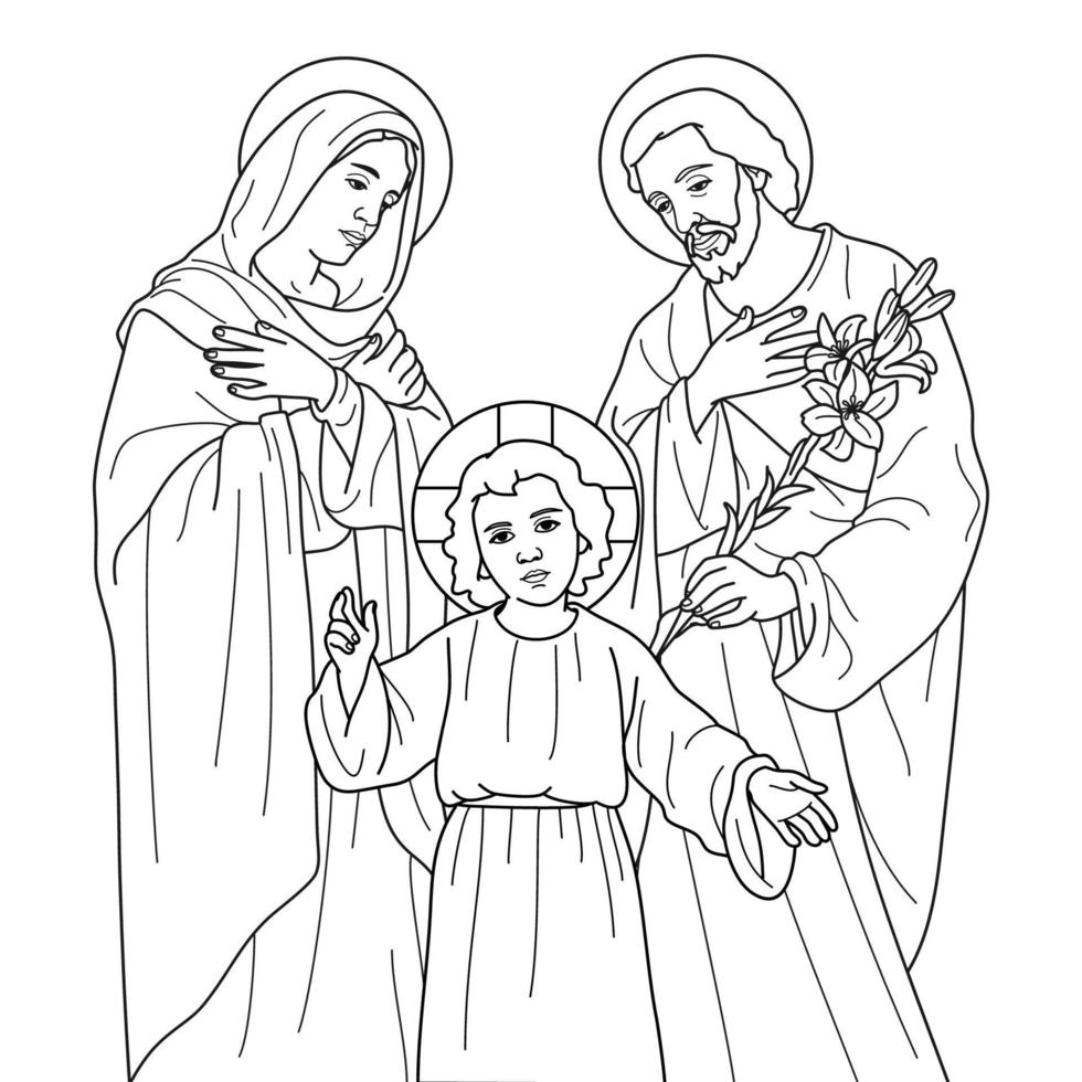 Holy Family of Nazareth, Jesus, Mary and Joseph Vector Illustration Outline Monochrome