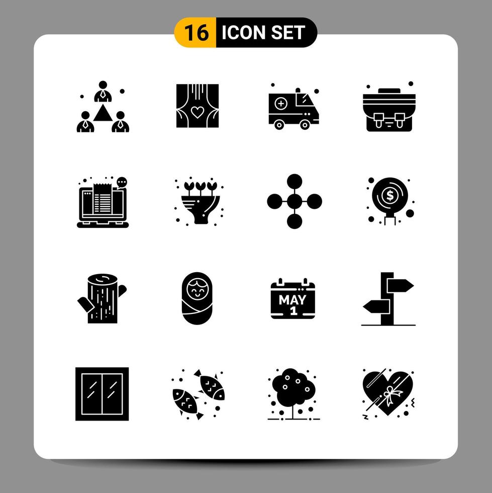 16 Black Icon Pack Glyph Symbols Signs for Responsive designs on white background 16 Icons Set Creative Black Icon vector background