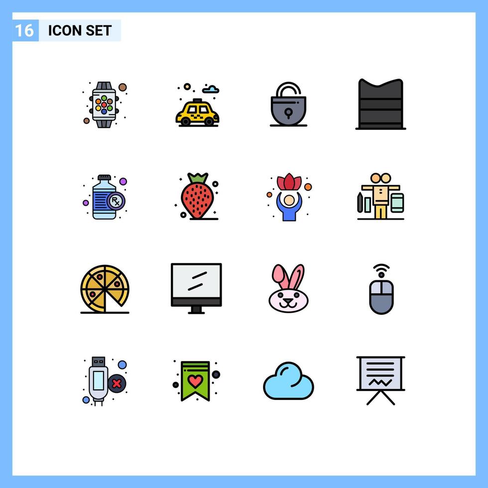 Pack of 16 Modern Flat Color Filled Lines Signs and Symbols for Web Print Media such as medical bottle locked web design Editable Creative Vector Design Elements