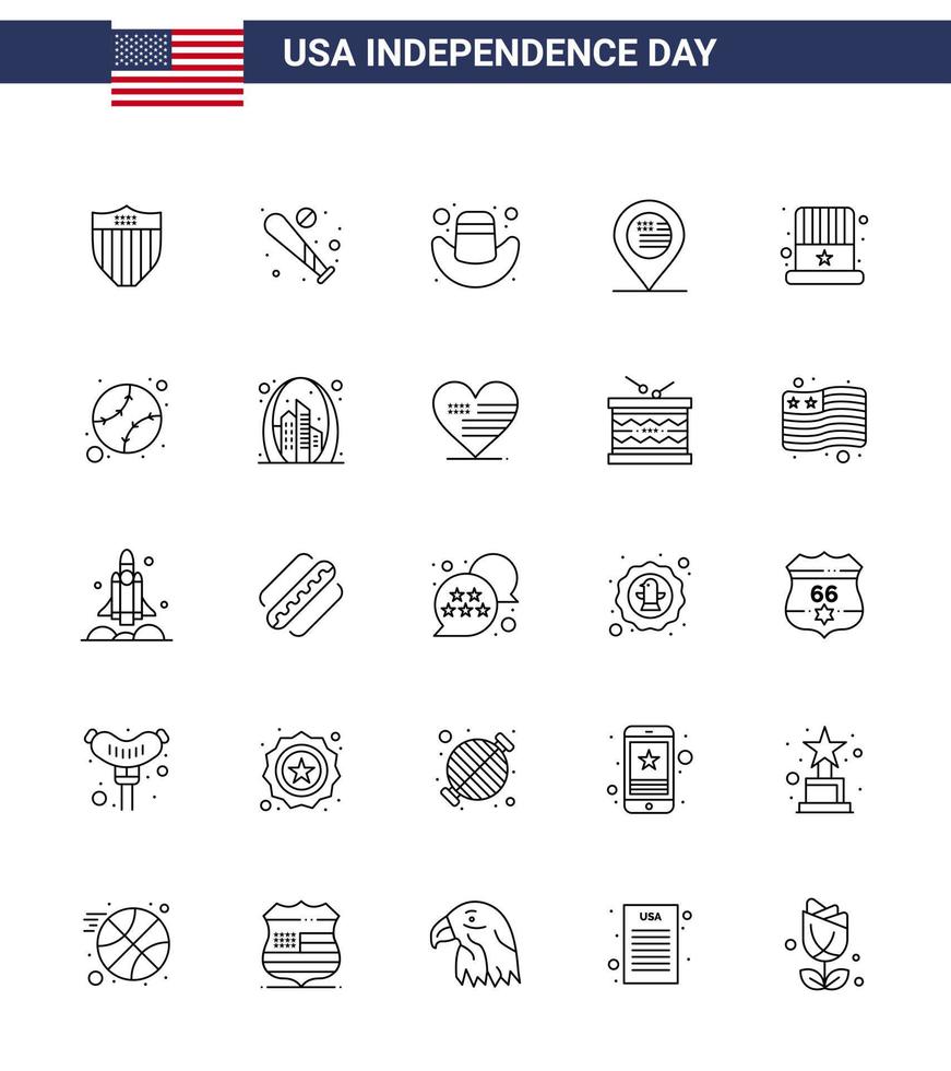 Pack of 25 USA Independence Day Celebration Lines Signs and 4th July Symbols such as cap sign usa map american Editable USA Day Vector Design Elements