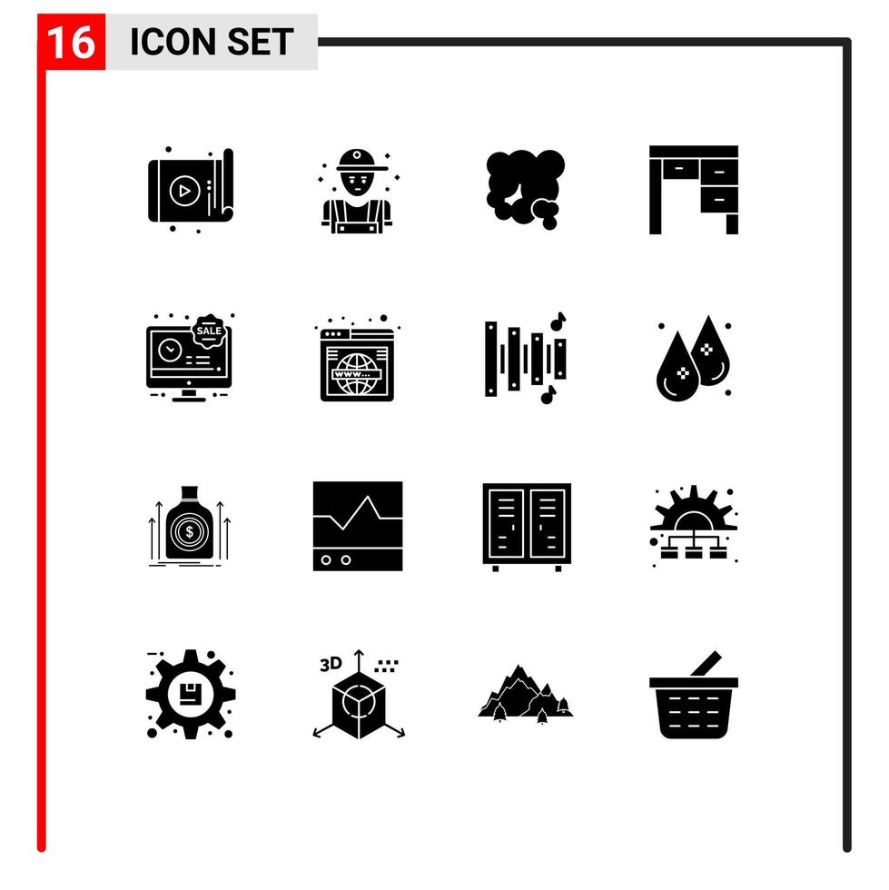 Modern Set of 16 Solid Glyphs Pictograph of furniture decor plumber pollution environment Editable Vector Design Elements