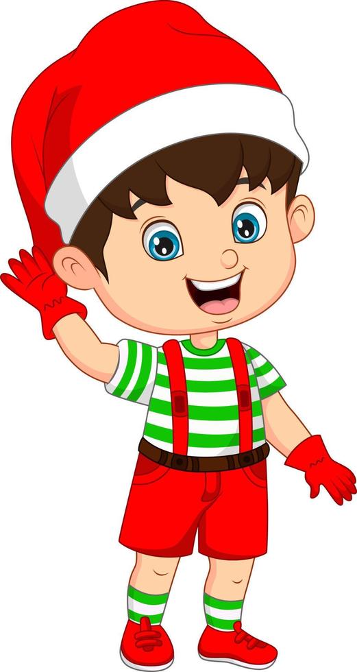 Cartoon little boy wear santa costume waving hand vector