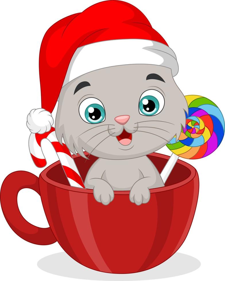 linda caricatura de gato dentro de una taza roja con dulces vector