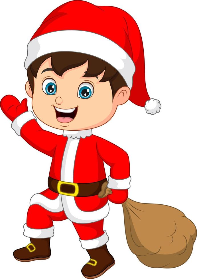 Cartoon little boy wear santa costume carrying a sack vector