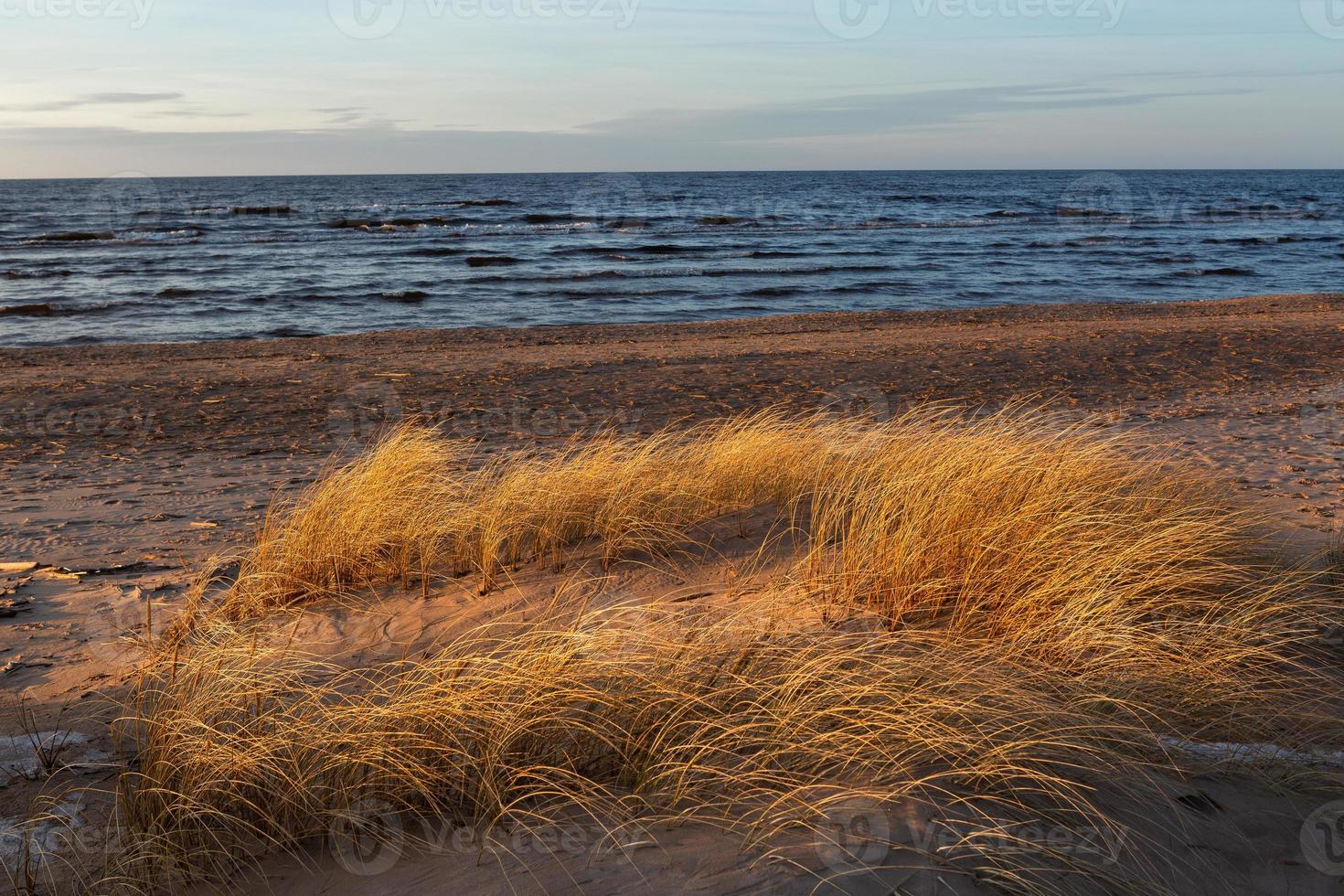 Baltic Sea Coast With Pebbles And Ice at Sunset photo