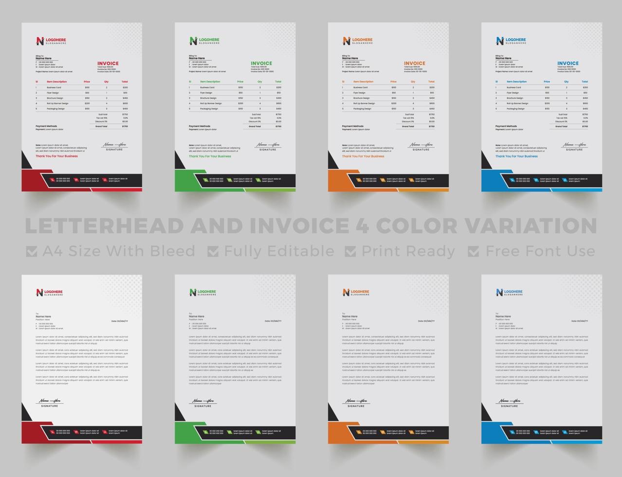 Multipurpose corporate businesses letterhead and invoice template with a4 size. creative corporate modern letterhead and invoice design template set with blue, green, red, and yellow colors vector