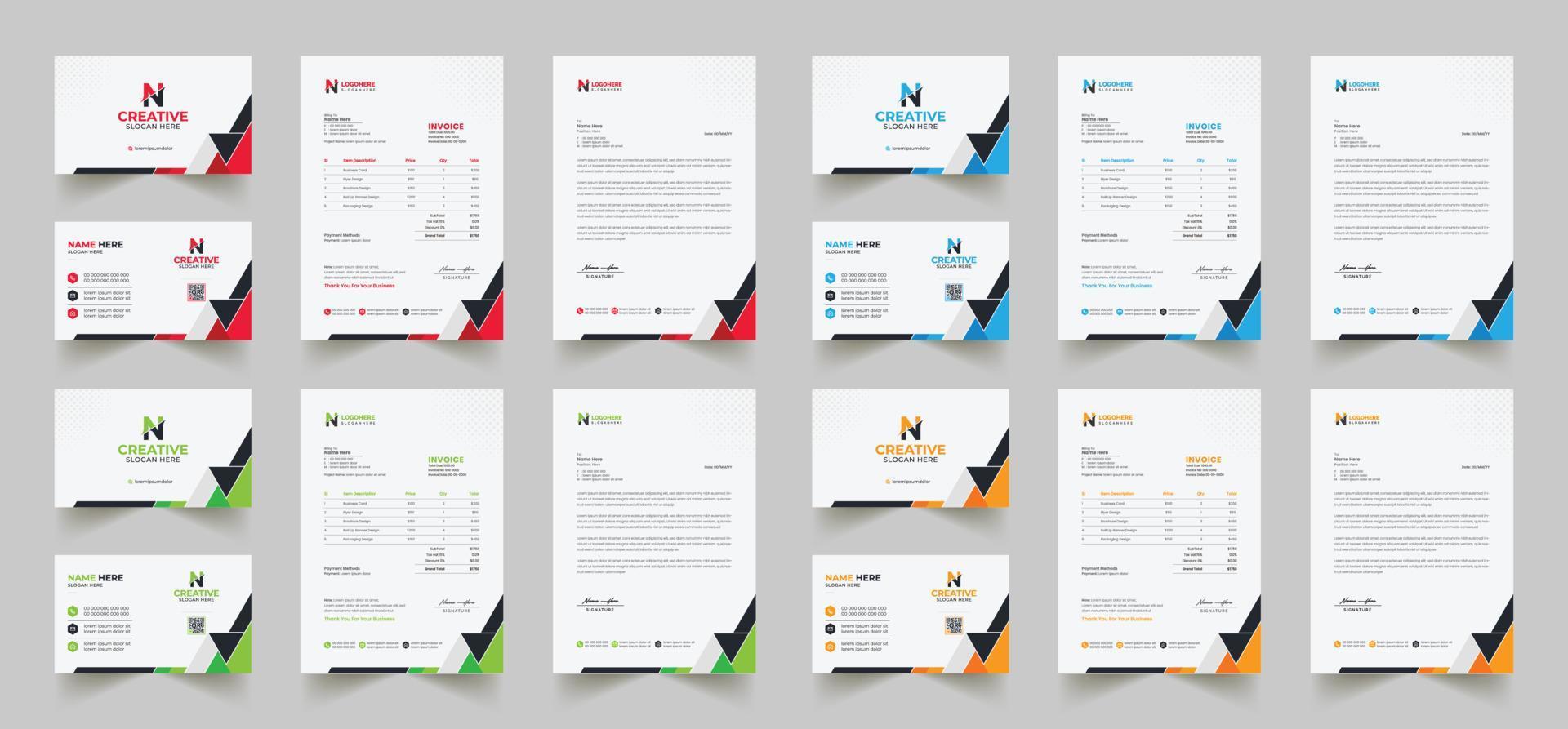 Corporate branding identity design includes Business Card, Invoices, Letterhead Designs, and Modern stationery packs with Abstract Templates vector