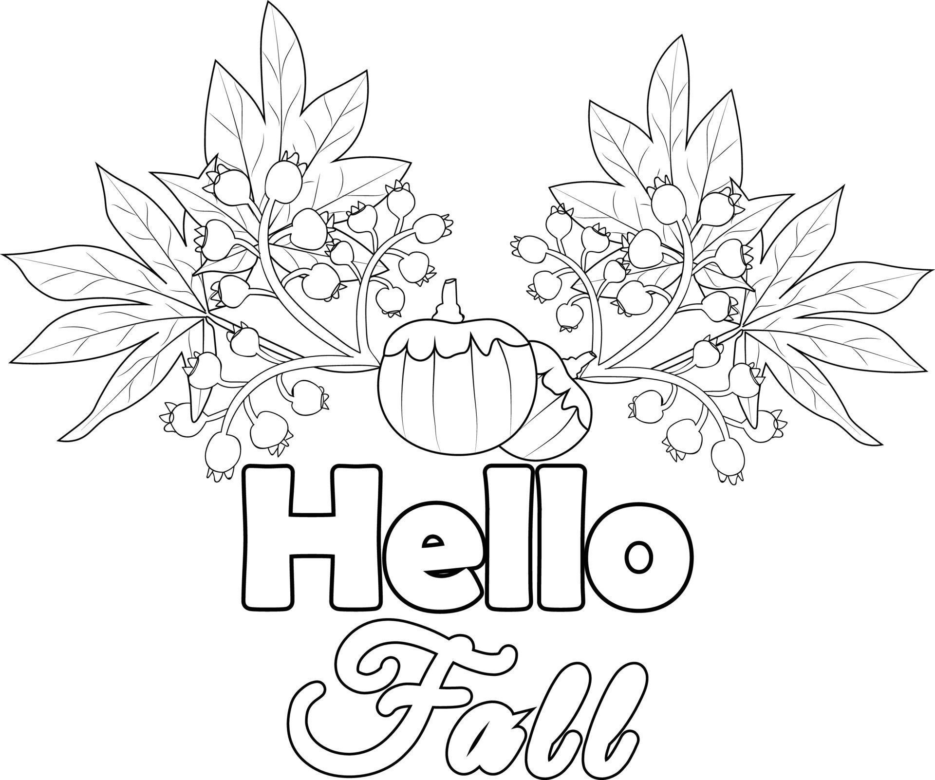 coloring page hello fall autumn leaf hand drawn vector illustration