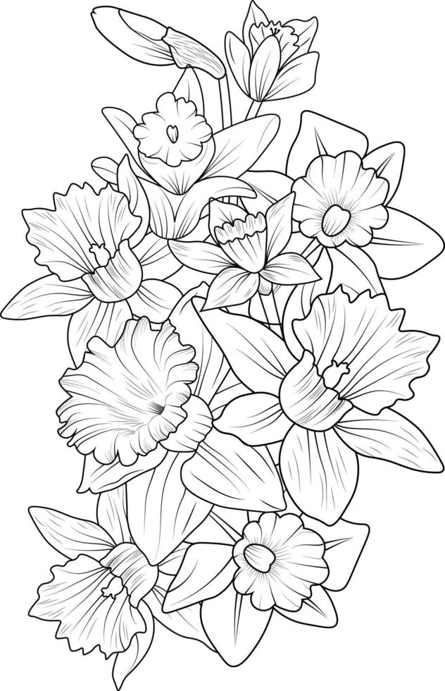 Set of decorative stylized daffodil, blossom narcissus flower isolated on white background. Highly detailed vector illustration, doodling and zentangle style, tattoo design