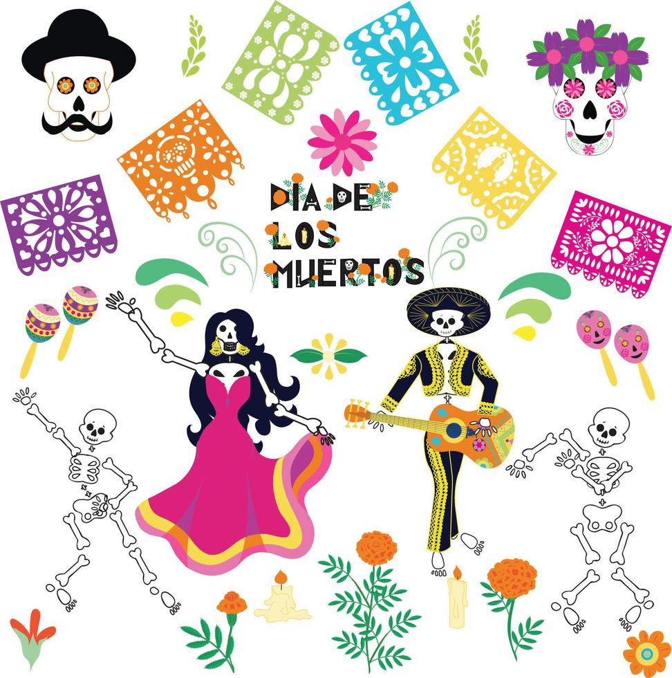 Day of the dead, fiesta Dia de los Muertos, skeleton in Mexican costumes and sombrero, music and dancing. Vector illustration.